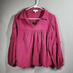 Umgee Shirt Womens Medium Pink Gauze Boho Peasant Babydoll Raw Hems Long Sleeve